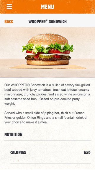 Burger King for iPhone in 2016 – Menu