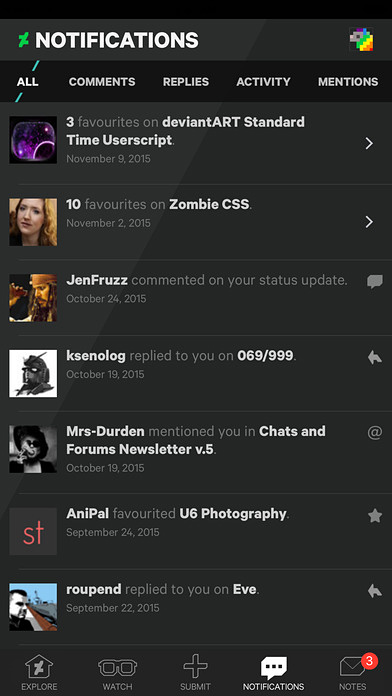 DeviantArt for iPhone in 2016 – Notifications