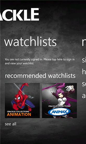 Crackle for Windows Phone in 2012 – Watchlists