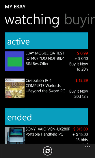eBay for Windows Phone in 2012 – Watching