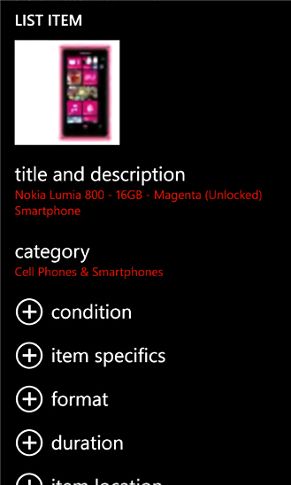 eBay for Windows Phone in 2012 – List Item