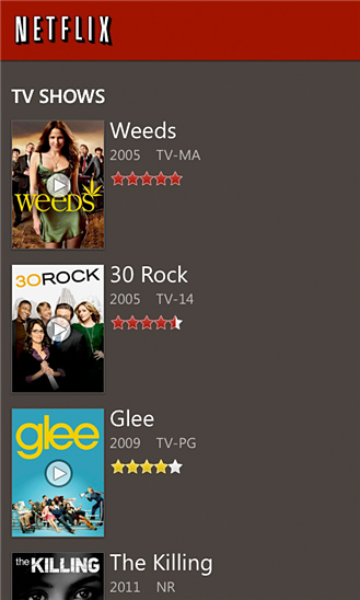 Netflix for Windows Phone in 2012 – TV Shows