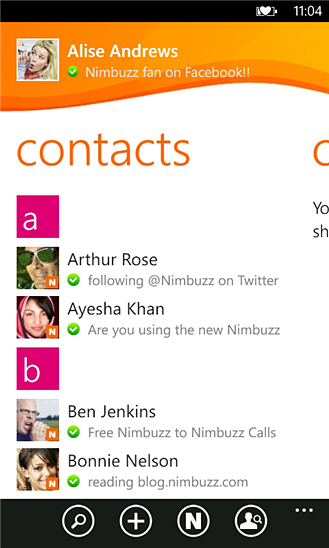 Nimbuzz for Windows Phone in 2012 – Contacts
