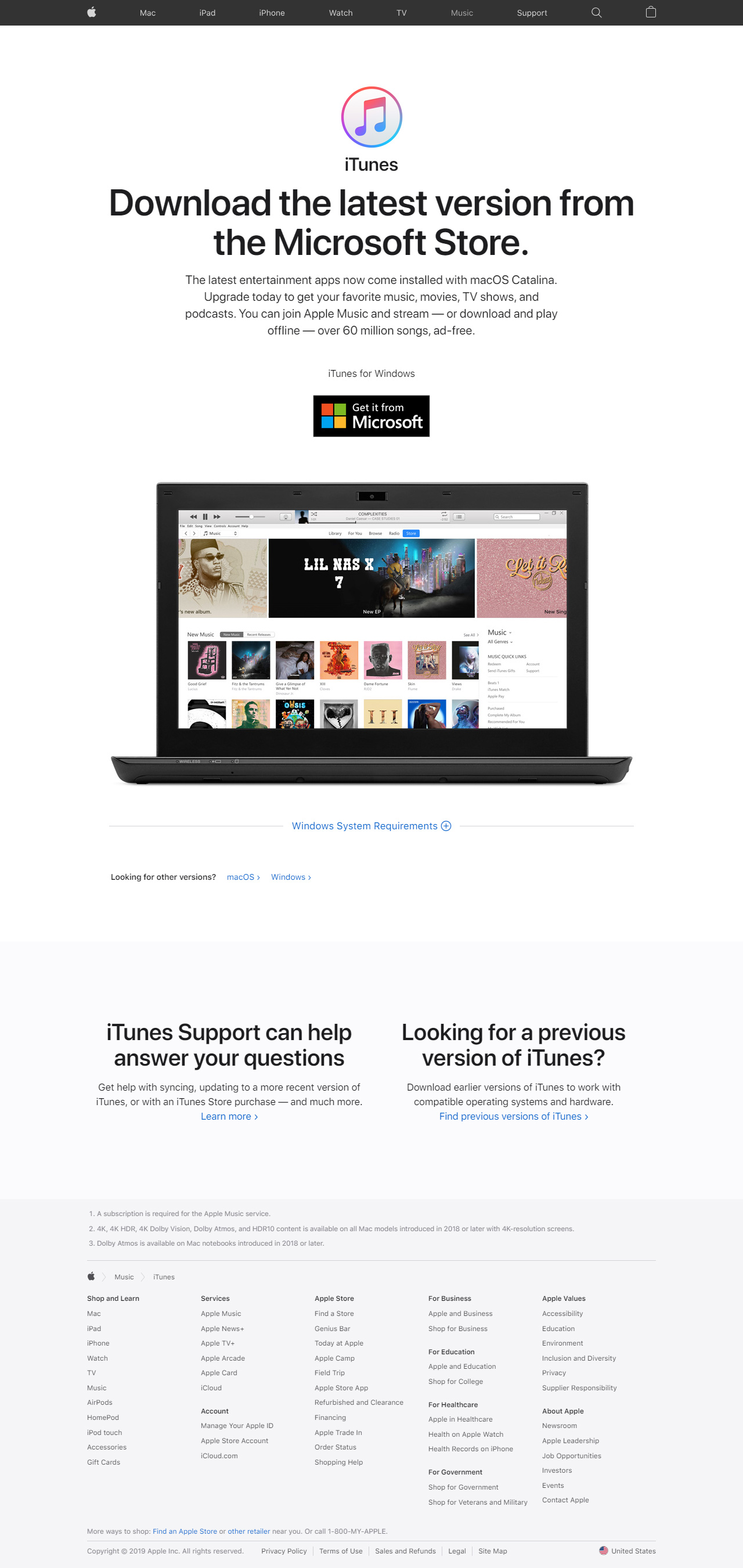 iTunes website in 2019