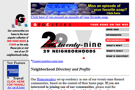 GeoCities Neighborhoods in 1996