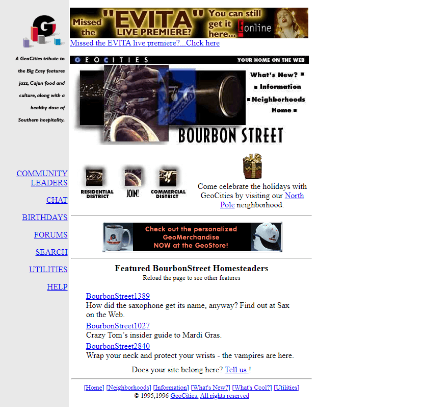 GeoCities BourbonStreet Neighborhood website in 1996