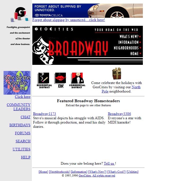 GeoCities BourbonStreet Broadway website in 1996