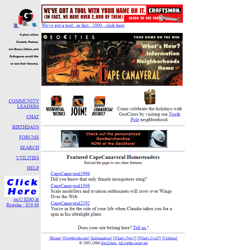 GeoCities CapeCanaveral Neighborhood website in 1996