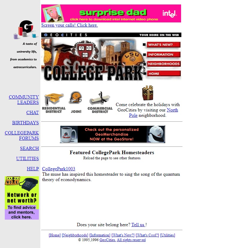GeoCities CollegePark Neighborhood website in 1996