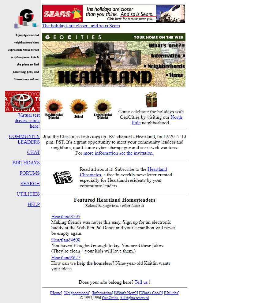 GeoCities Heartland Neighborhood website in 1996