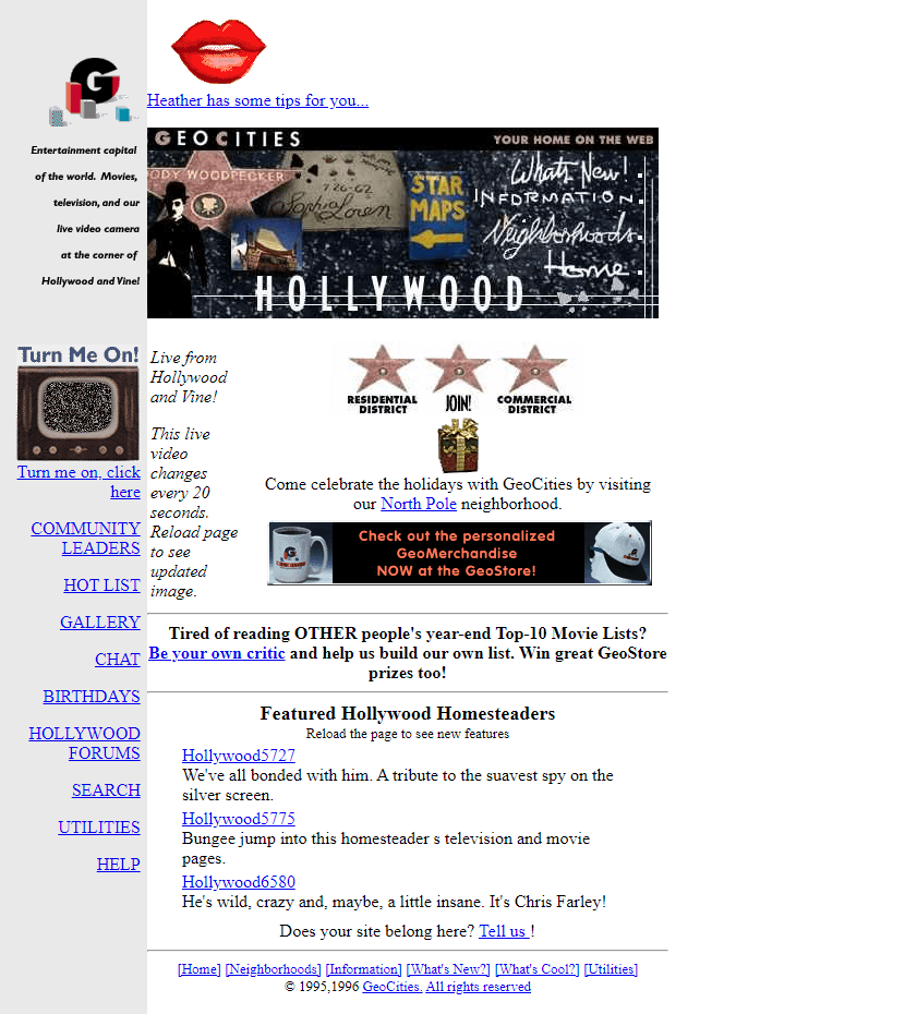 GeoCities Hollywood & Hollywood/Hills Neighborhood website in 1996