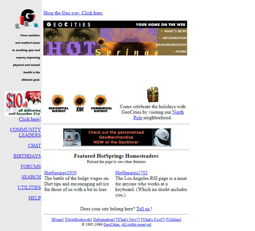 GeoCities HotSprings Neighborhood website in 1996