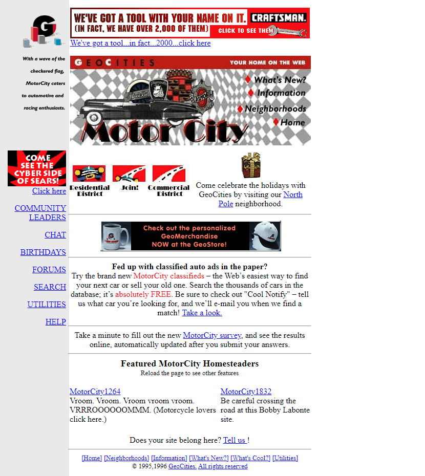GeoCities MotorCity Neighborhood website in 1996