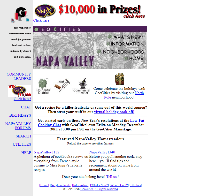 GeoCities NapaValley Neighborhood website in 1996