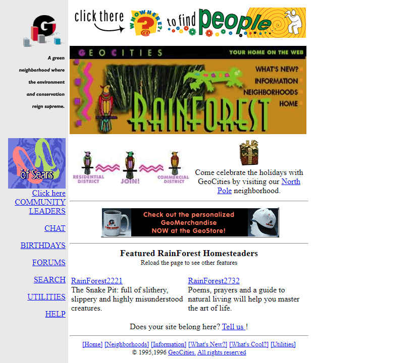 GeoCities RainForest Neighborhood website in 1996