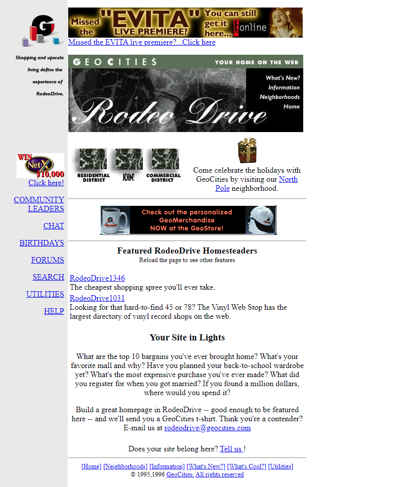 GeoCities RodeoDrive Neighborhood website in 1996
