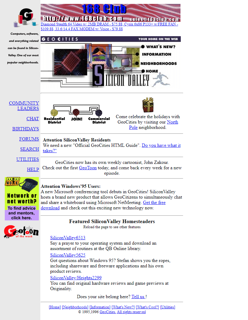 GeoCities SiliconValley Neighborhoods website in 1996