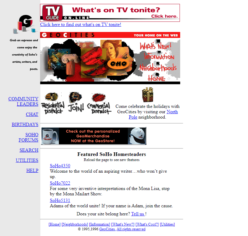 GeoCities SoHo Neighborhood website in 1996