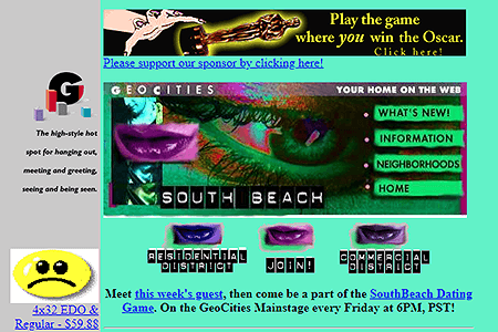 GeoCities SouthBeach Neighborhood website in 1996