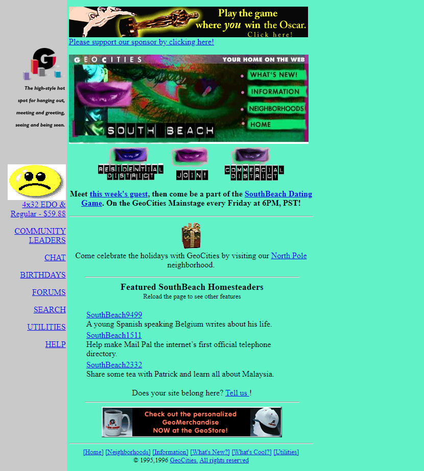 GeoCities SouthBeach Neighborhood website in 1996