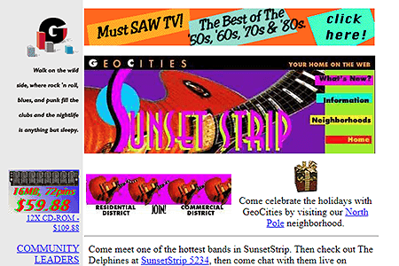 GeoCities SunsetStrip Neighborhoods website in 1996