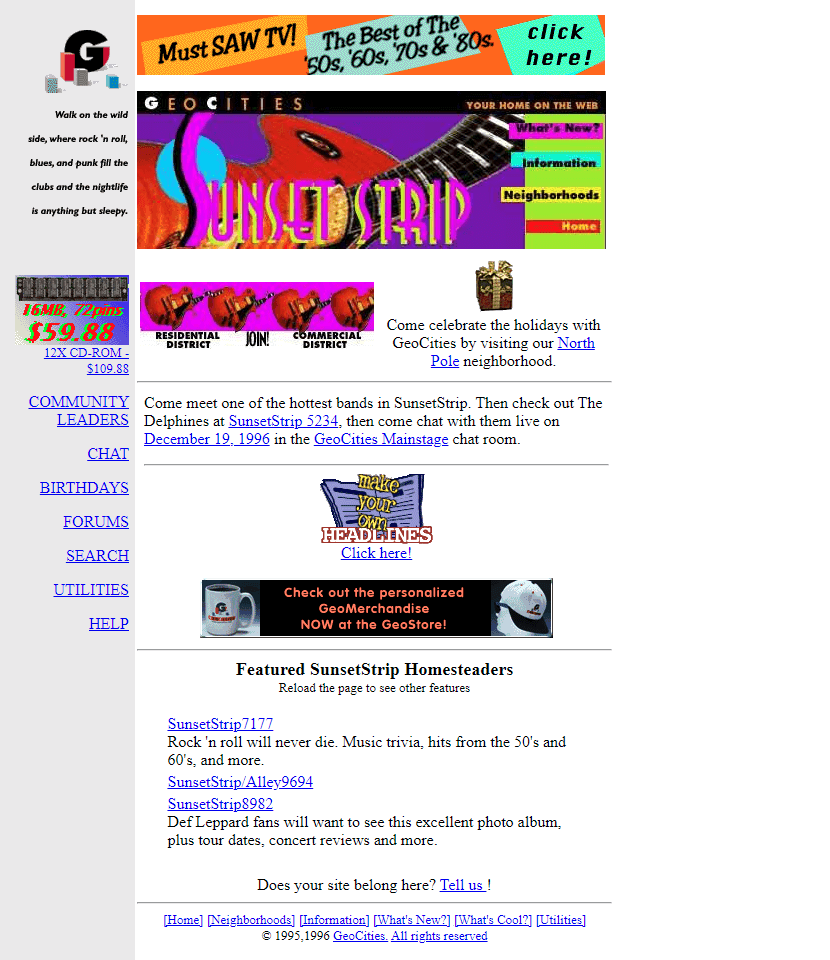 GeoCities SunsetStrip Neighborhoods website in 1996