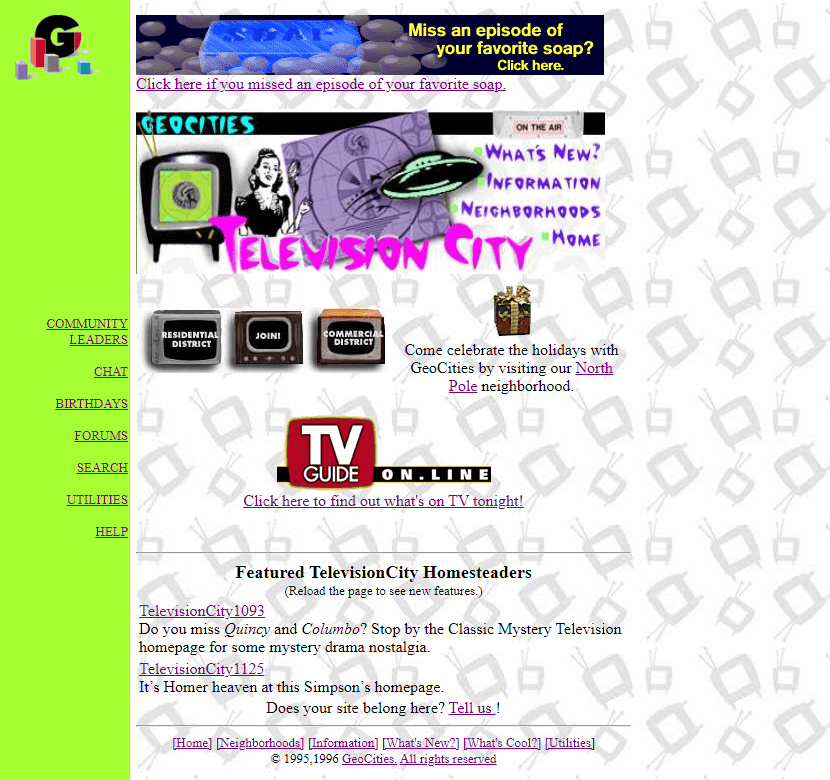 GeoCities TelevisionCity Neighborhood website in 1996