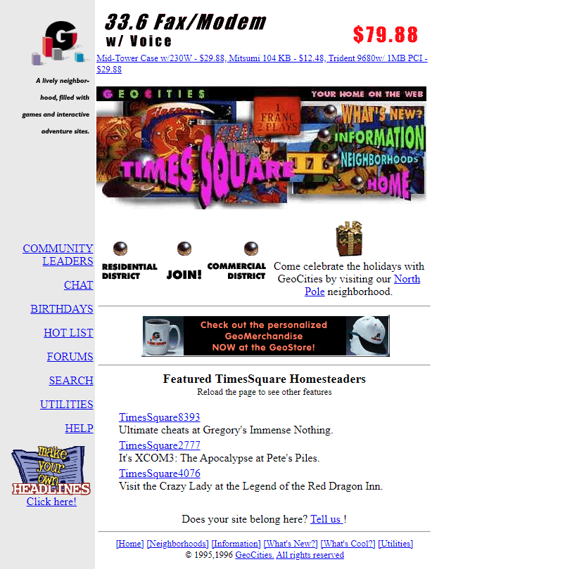 GeoCities TimesSquare Neighborhood website in 1996