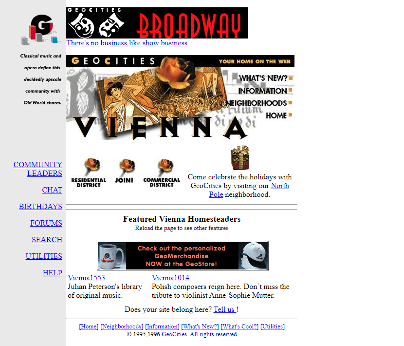 GeoCities Vienna Neighborhood website in 1996