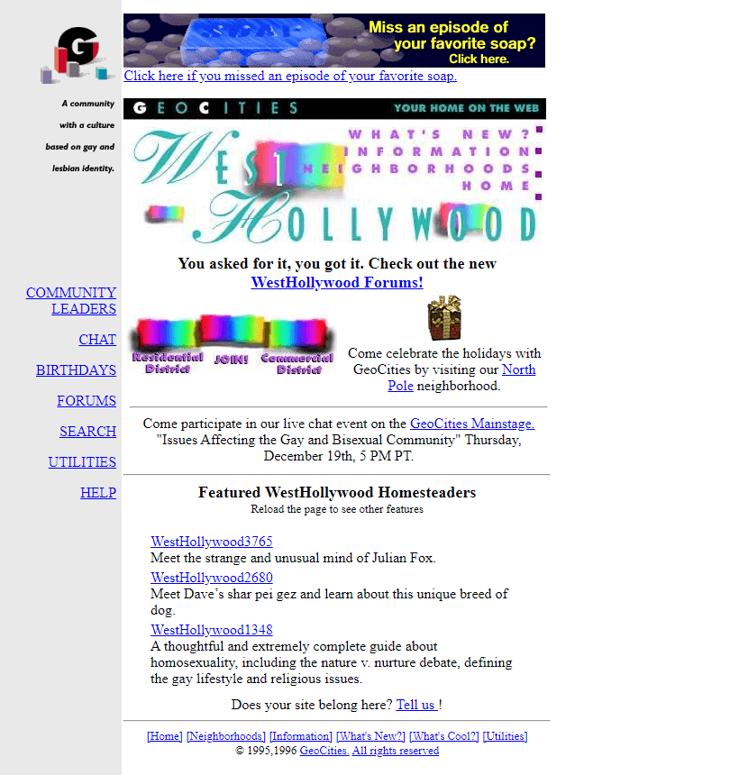 GeoCities WestHollywood Neighborhood website in 1996