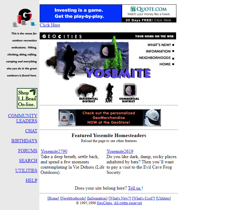 GeoCities Yosemite Neighborhood website in 1996