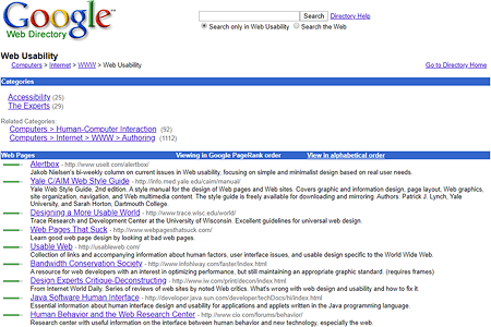 Google Web Directory – Web Usability in 2000