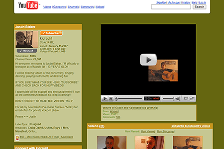 Justin Bieber YouTube Channel in 2007
