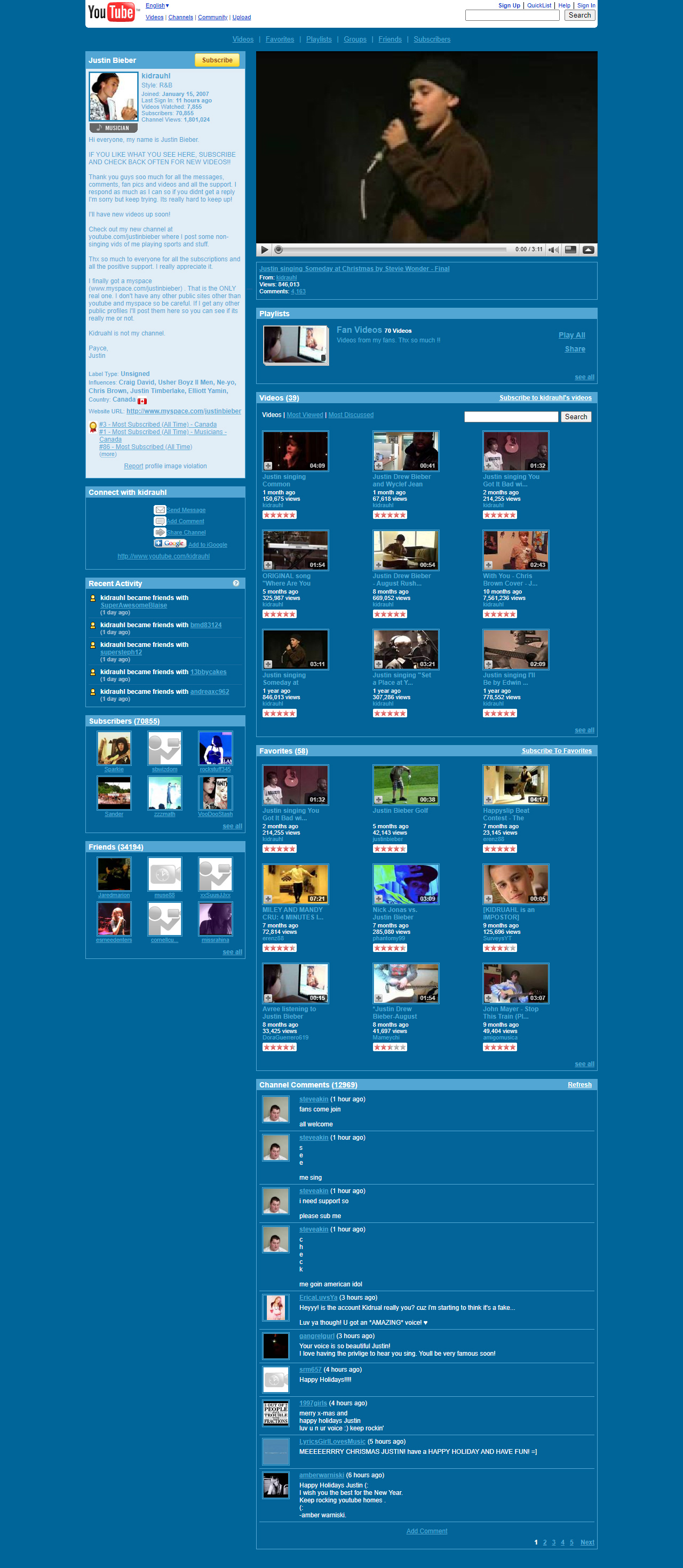 Justin Bieber YouTube Channel in 2008