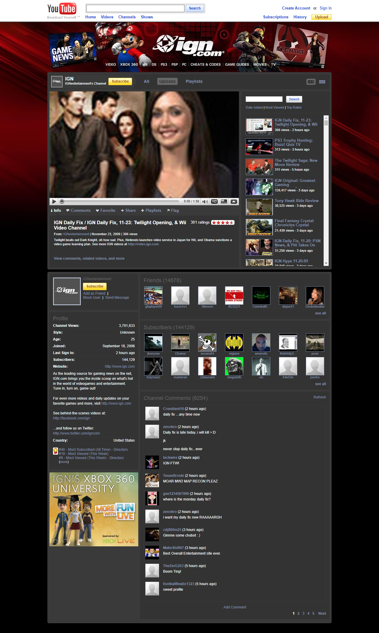 IGN Entertainment YouTube Channel in 2009