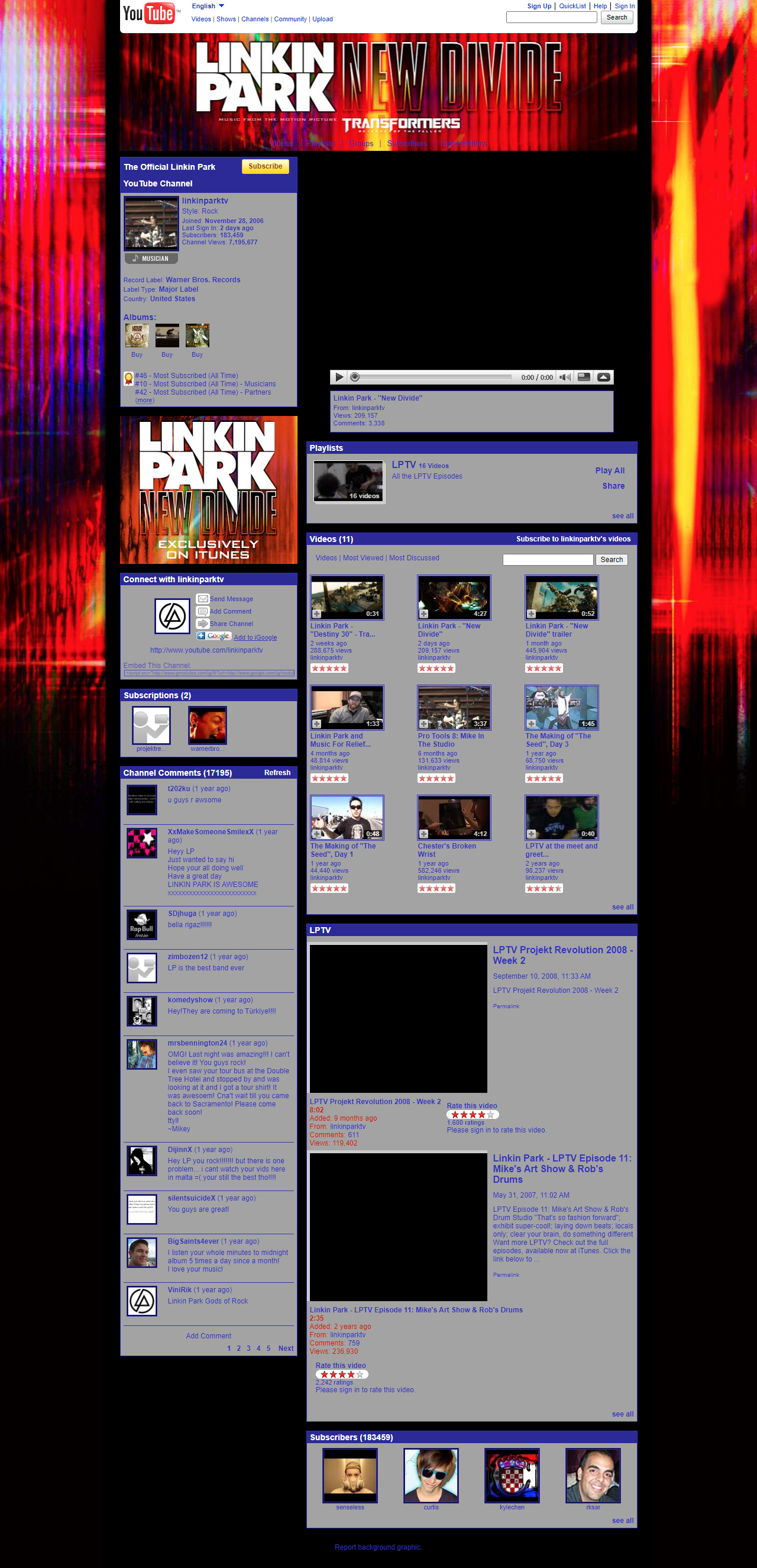 Linkin Park YouTube Channel in 2009