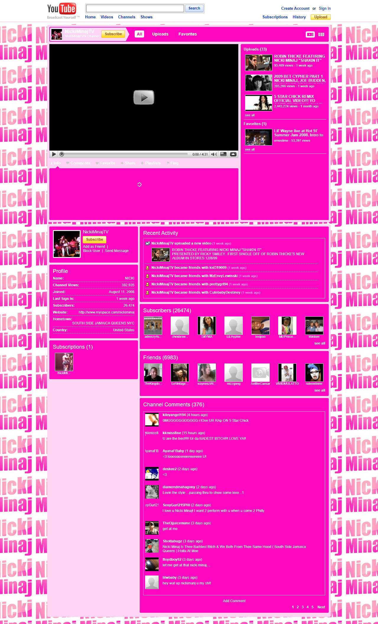 Nicki Minaj YouTube Channel in 2009