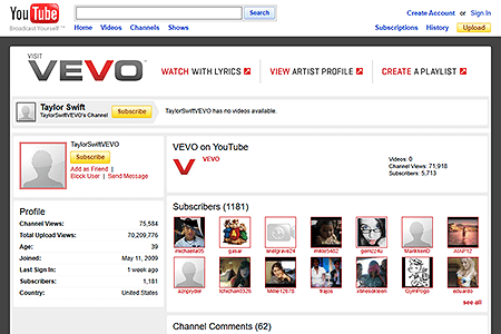 Taylor Swift YouTube Channel website in 2009