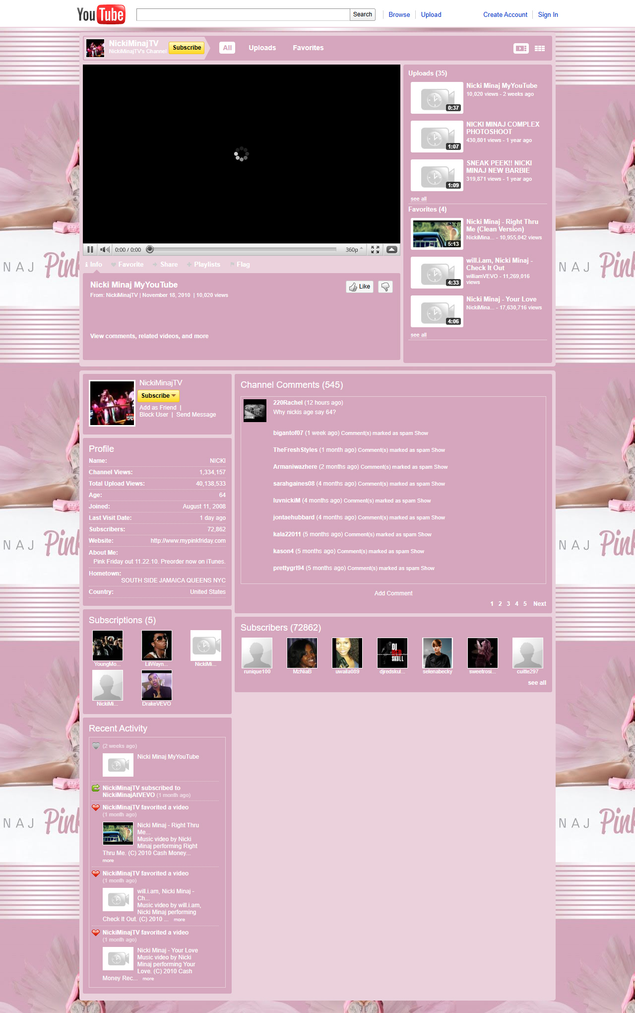 Nicki Minaj YouTube Channel in 2010