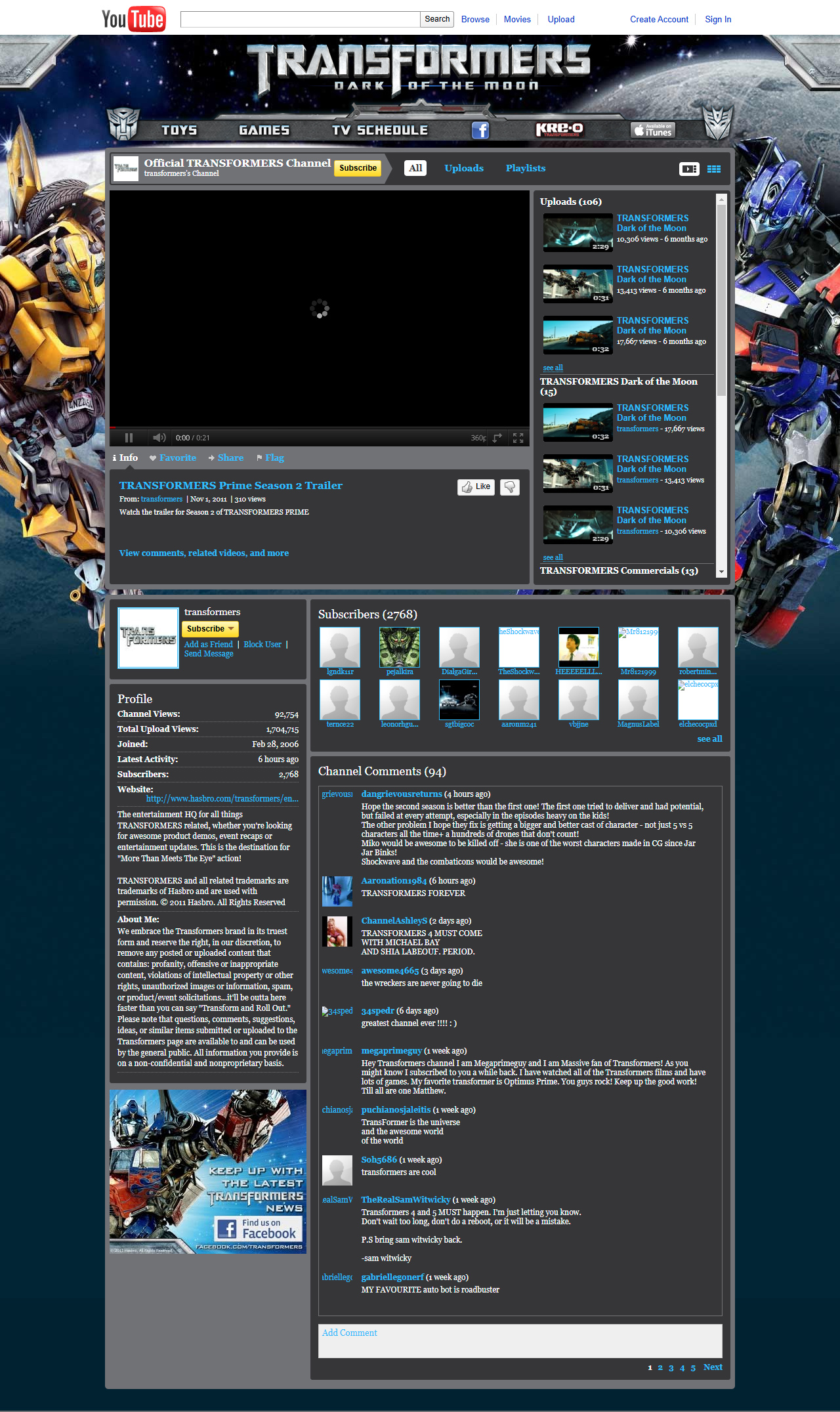 Transformers YouTube Channel in 2011
