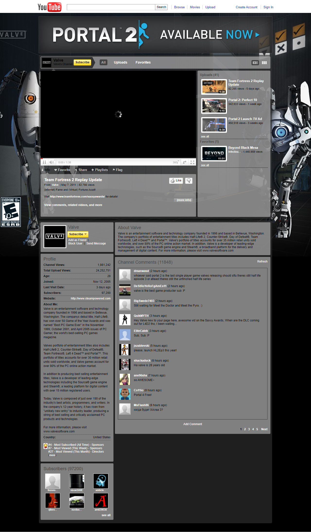Valve YouTube Channel in 2011