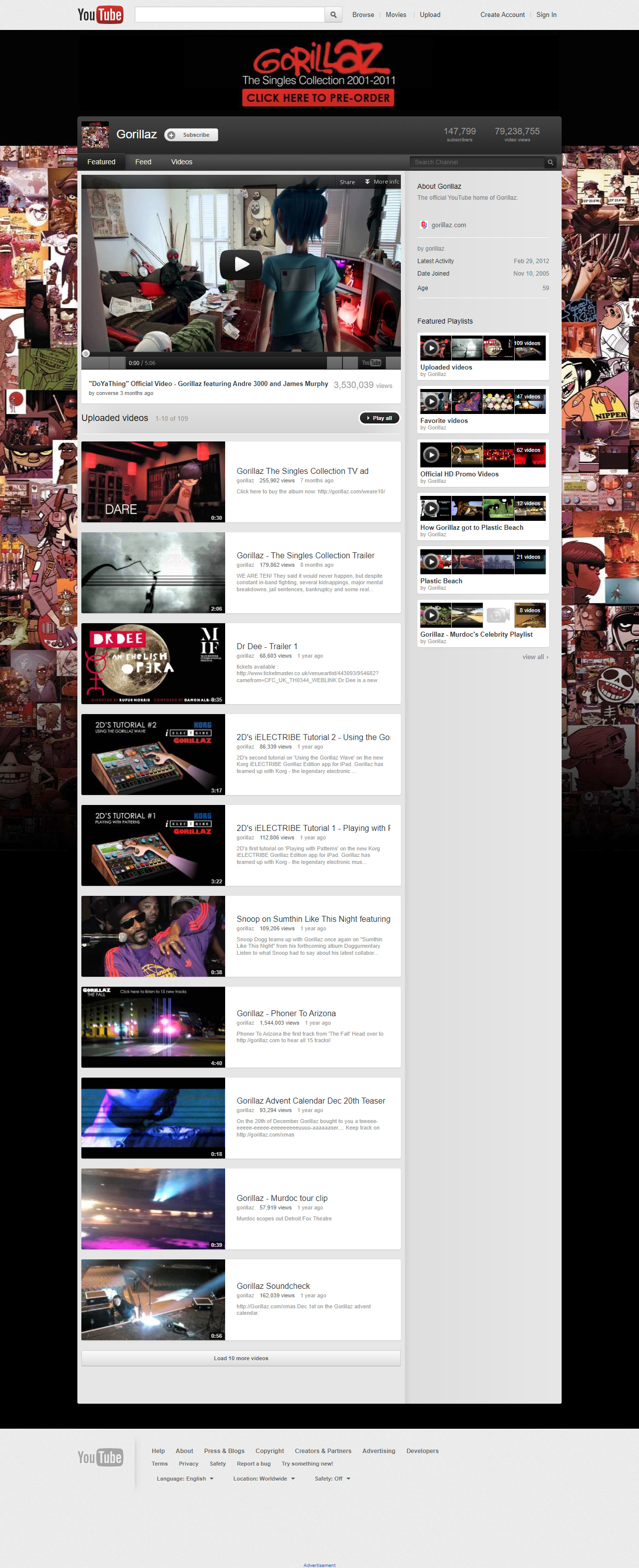 Gorillaz YouTube Channel in 2012