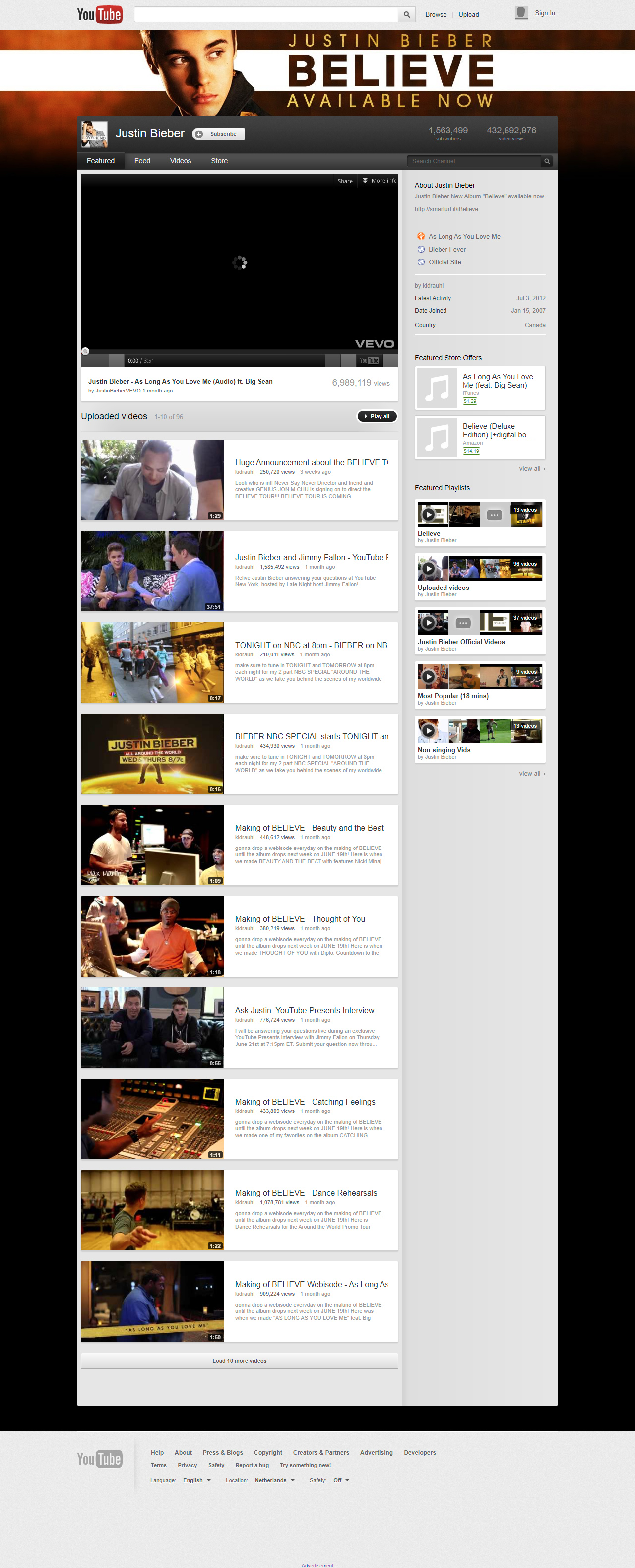 Justin Bieber YouTube Channel in 2012