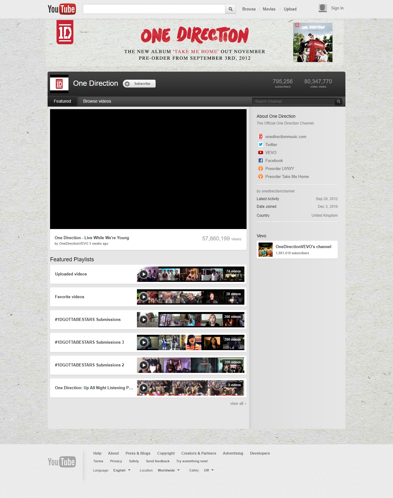 One Direction YouTube Channel in 2012