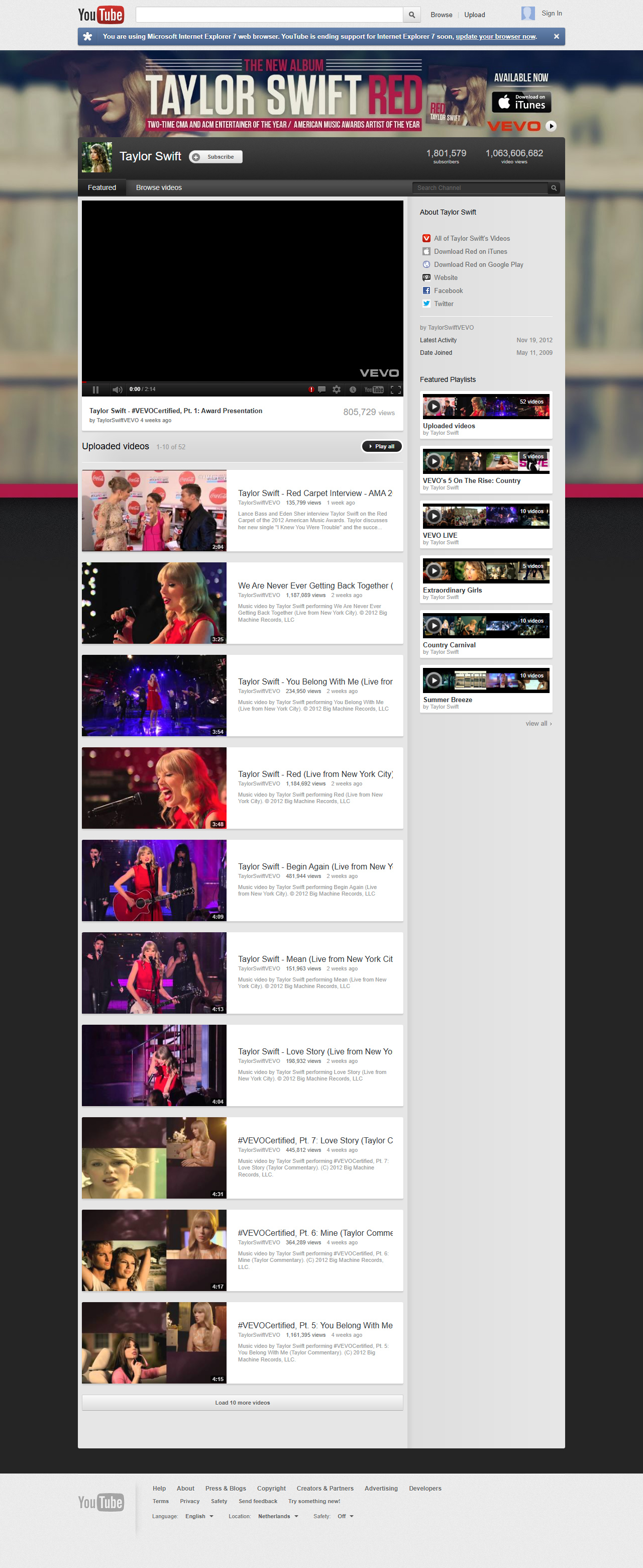 Taylor Swift YouTube Channel website in 2012