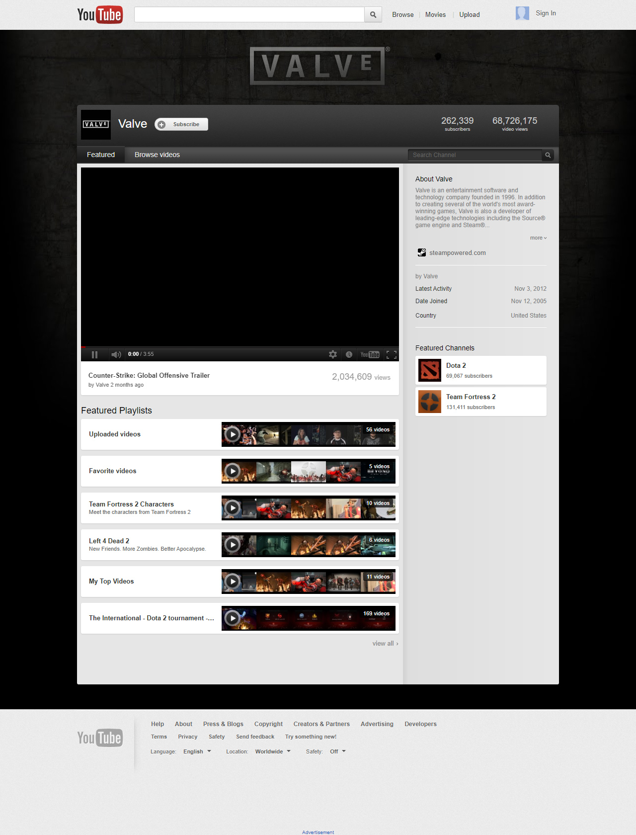 Valve YouTube Channel in 2012