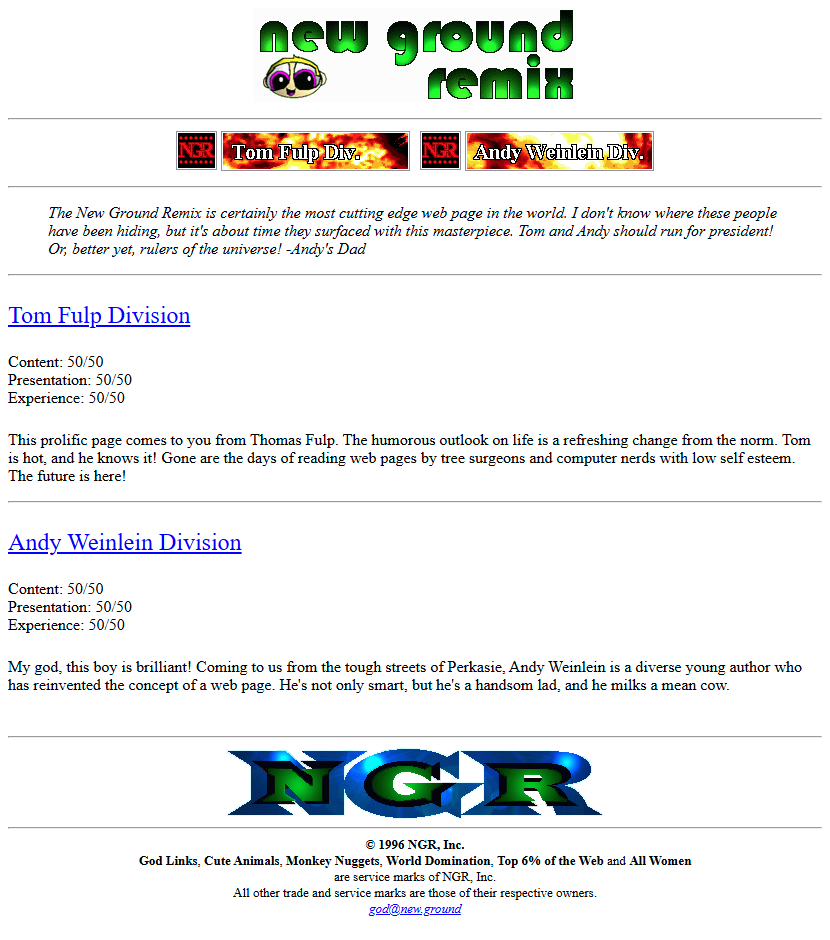 The New Ground Remix website in 1996