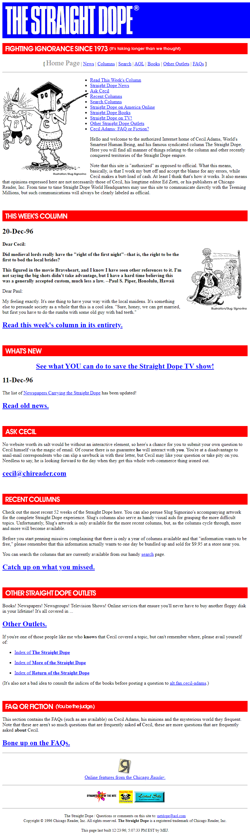 The Straight Dope website in 1996