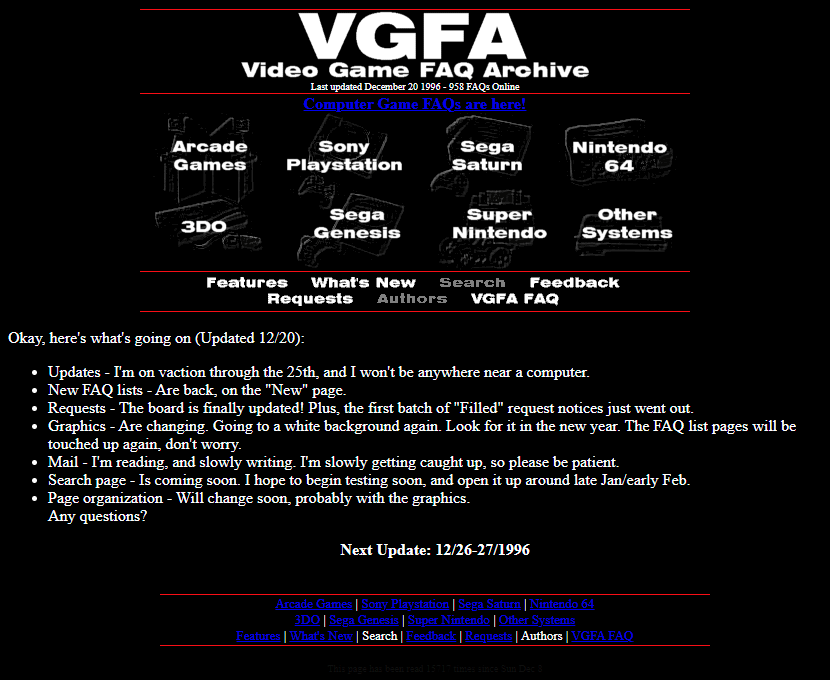 Video Game FAQ Archive website in 1996