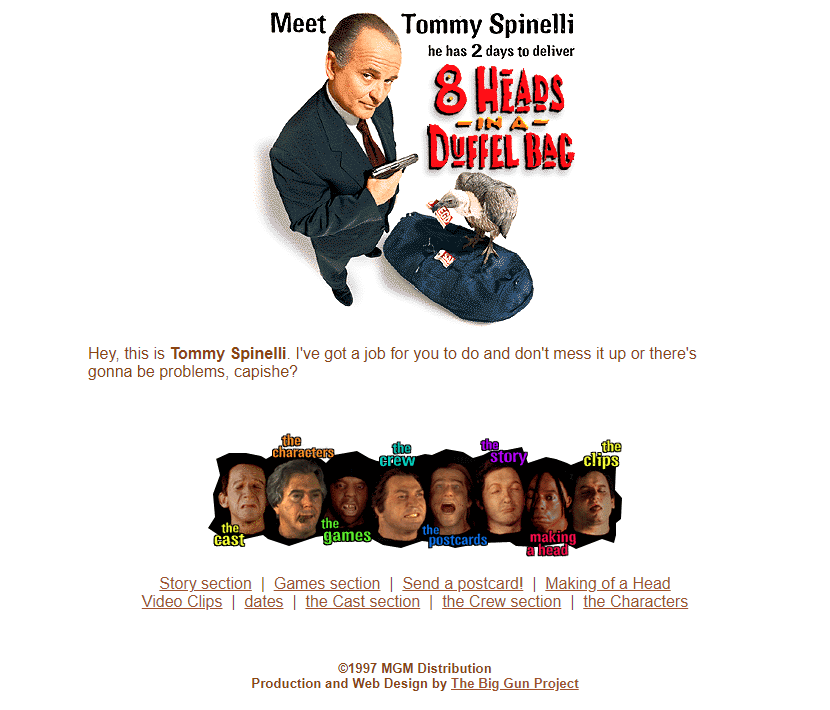 8 Heads in a Duffel Bag website in 1997